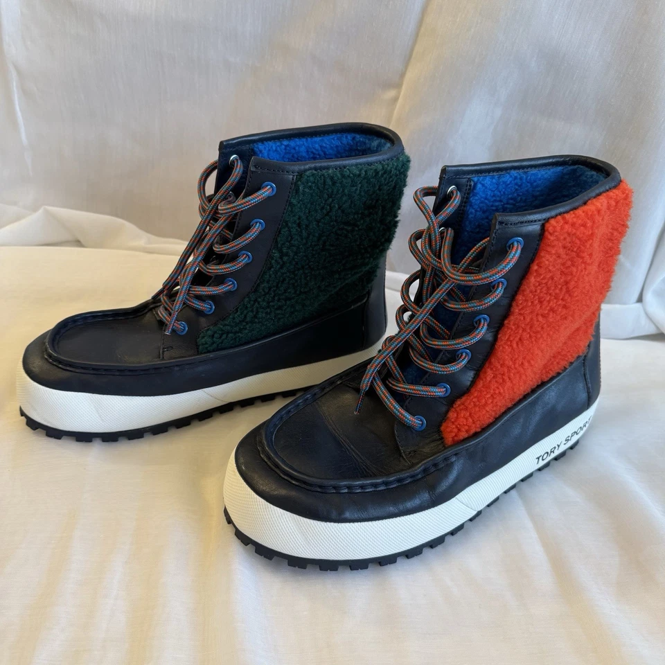 Botas de invierno deportivas Tory Burch para mujer de cuero azul marino rojo verde piel de oveja 9 M Foto 4 de 4
