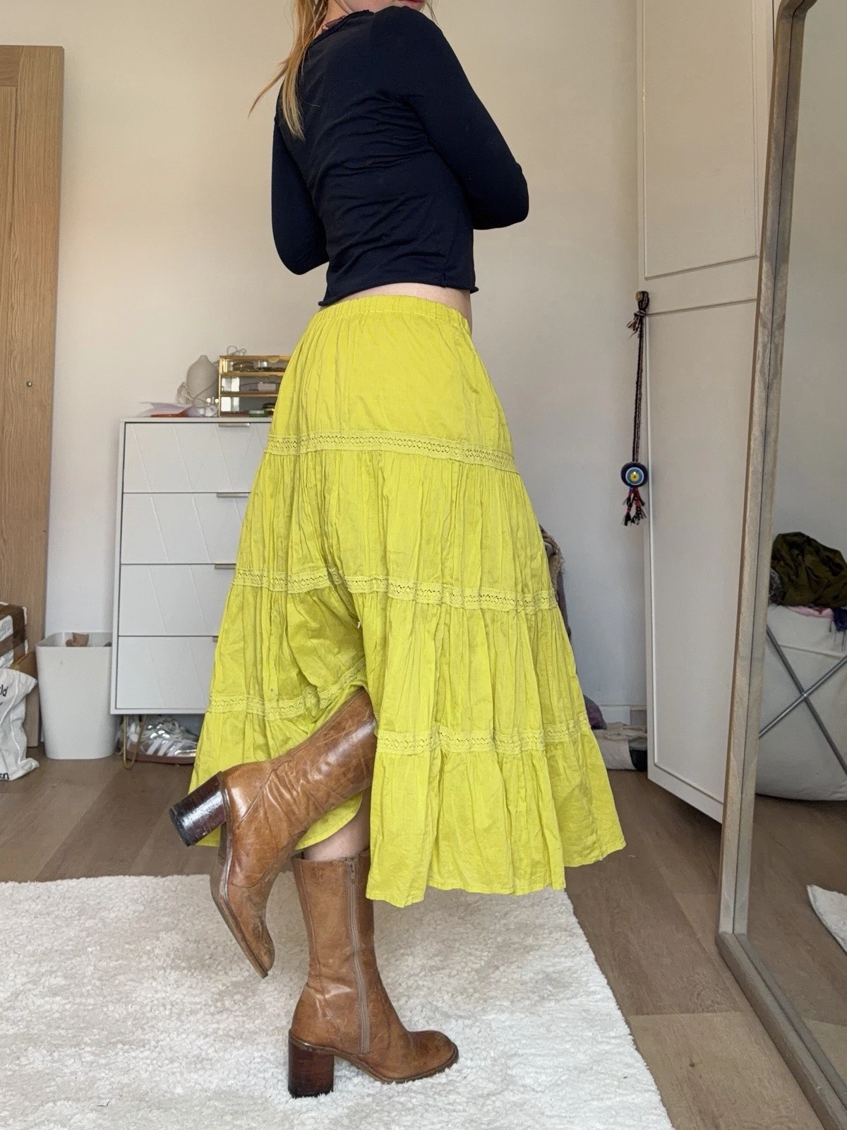 Vintage Y2k 100% Cotton Lime Green/yellow Boho Gypsy Skirt One Size