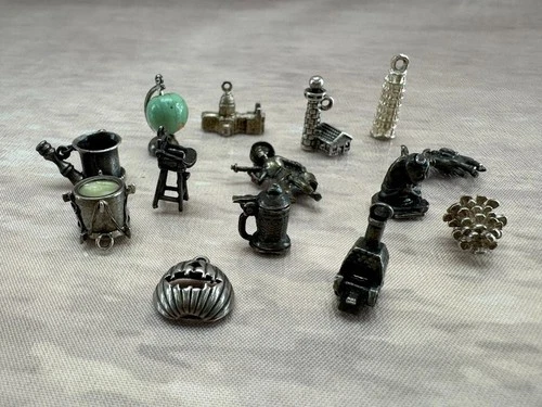Vintage Sterling Silver Charm Lot 14pc Travel Pisa Lighthouse Globe Moving Charm