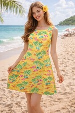 Tropical TALBOTS Women’s Size 6 Yellow Sheath Dress Sleeveless Palm Tree Beach 