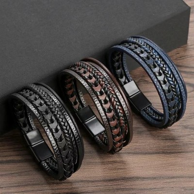 Men Jewelry Black Braided Leather Bracelet Multi-Layer Stainless Steel Clasp A