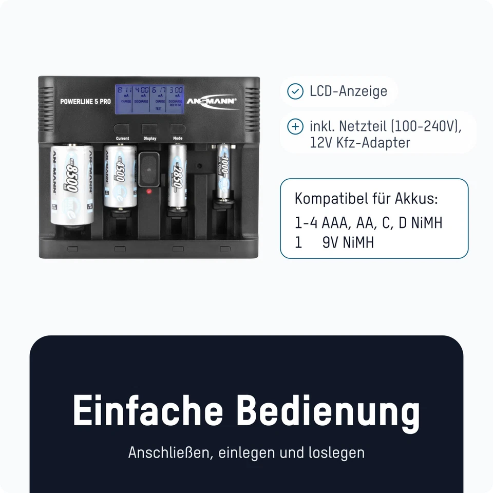 ANSMANN Akku-Ladegerät für 4x AA/AAA/C/D + 1x 9V-Block NiMH mit Entladefunktion - Bild 3 von 4