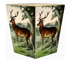 MARYE-KELLEY, "MAJESTIC STAG" WOODEN 12" WASTEPAPER BASKET, CREAM INTERIOR, NEW