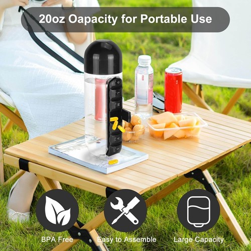 Borraccia 2 in 1 con Organizzatore Pillole | 600ml Conservazione Giornaliera Medicina - Foto 7 di 7