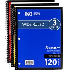 Spiral Notebook  3 Subject - Wide Ruled - 120 Sheets, Durable Spiral Binding