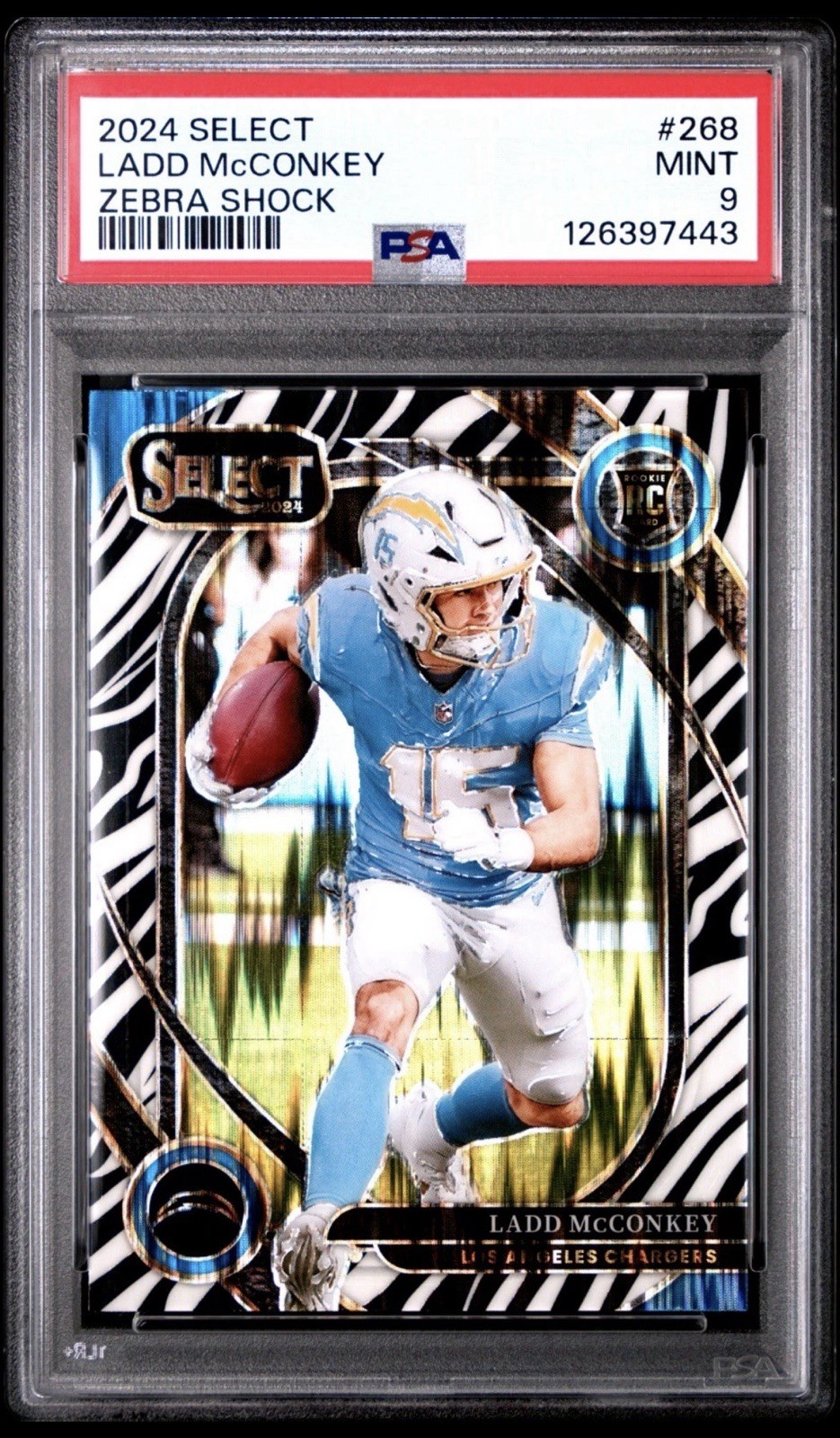 2024 Panini Select - Club Level Ladd McConkey #268 Zebra Prizm (RC) PSA 9