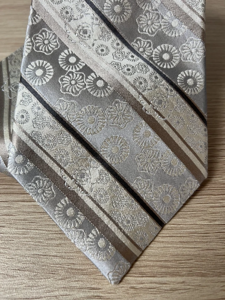 DKNY Silver, Champagne, Tan Striped/Floral Design 100% Silk Designer Tie - Image 2 of 4