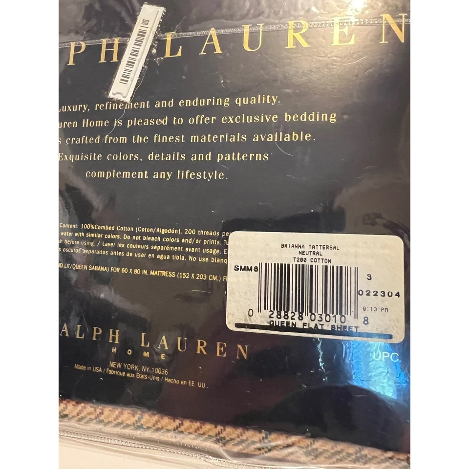 Sábana plana Ralph Lauren Home Queen Brianny Tattersal neutra 100 % algodón nueva en paquete Foto 3 de 4