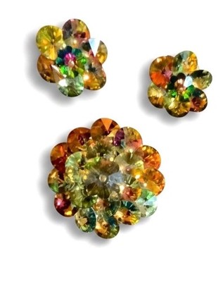 Vintage Flower-Cut Faceted Aurora Borealis Watermelon Cluster Brooch Earring s