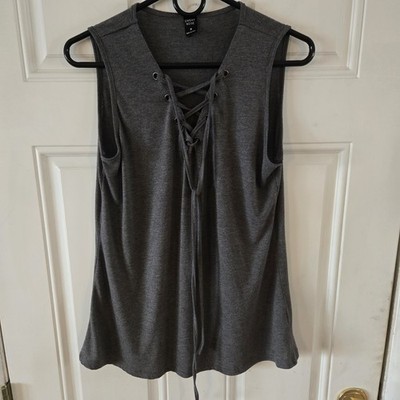 Emery Rose Lace Up Sleeveless Tank Top Gray Medium Soft Stretch Viscose Blend