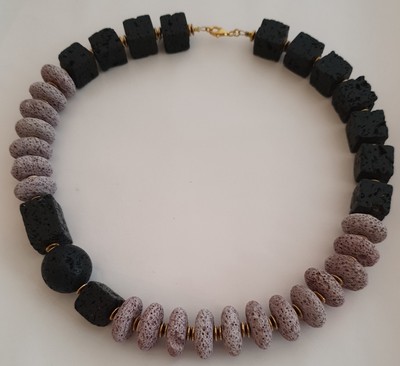 Lava Kette Halskette Collier schwarz und altrosa 925 Sterling Silber vergoldet