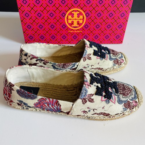 Tory Burch ELISA LOGO FLAT ESPADRILLES Happy Times Perfect Navy Embroidered 10 - Picture 5 of 8