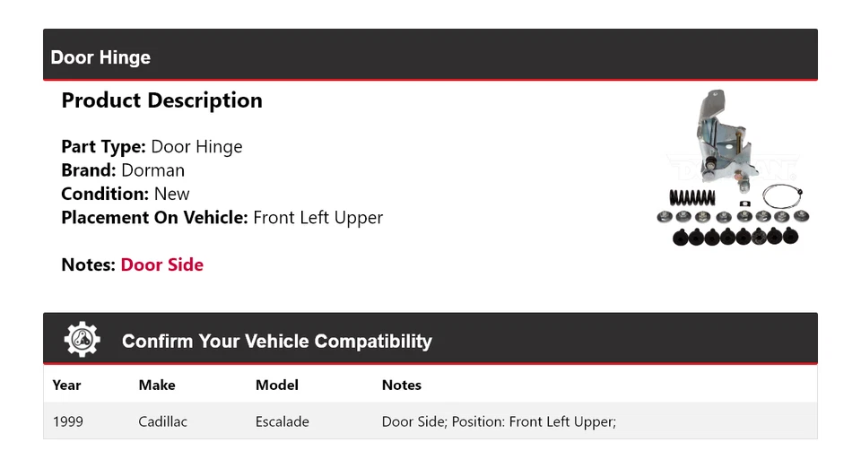 For 1999 Cadillac Escalade Dorman Door Hinge Front Left Upper - Image 2 of 4