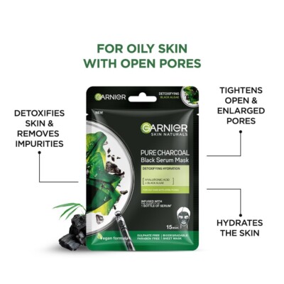 Garnier Skin Naturals, Face Serum Sheet Mask Pack of 10 Pure Charcoal Sheet Mask
