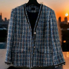 Womens Madeleine European Tweed Jacket Sz 16 Light Blue And Navy Nwot