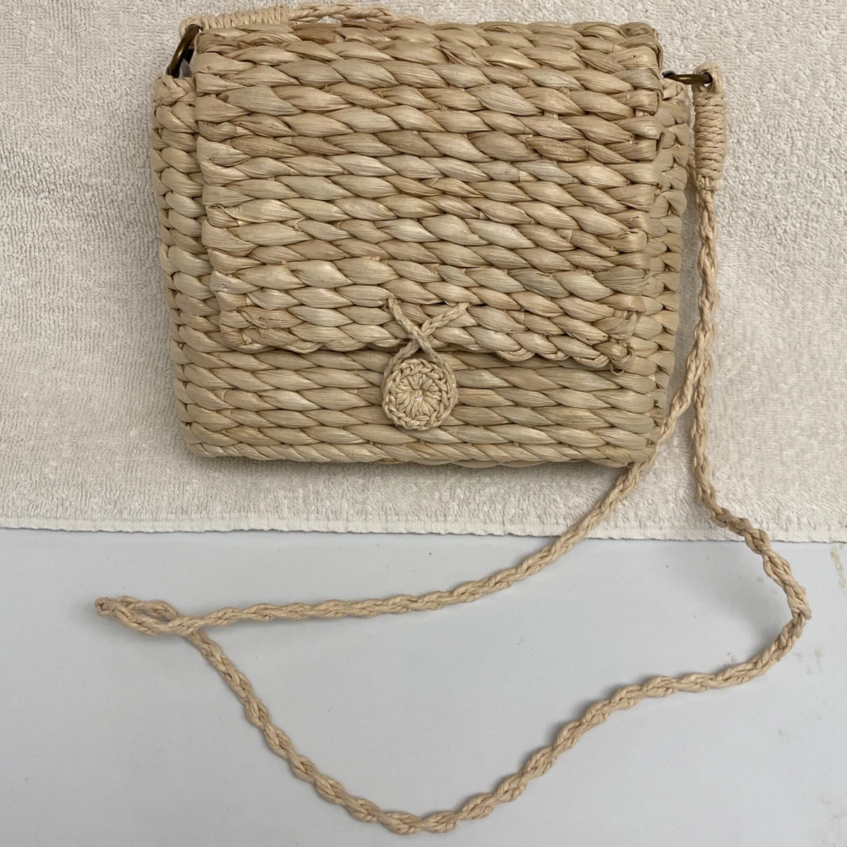 J.Jill Small Straw Shoulder Bag Natural Raffia & Floral Lining Bag 6X7