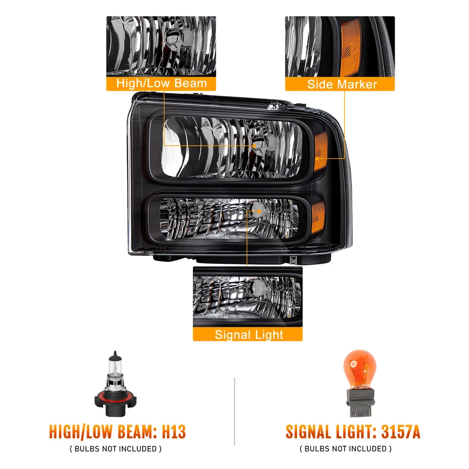 Par de faros negros Super Duty Fit 2005-2007 Ford F250 F350 F450 F550 Foto 3 de 4