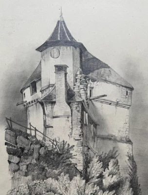 Landschaftshaus Menschen Bäume aus dem 19. Jahrhundert - Zeichnung Antik  - Bild 1 von 4