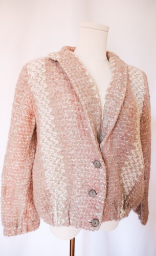 Vintage 70s Mohair Natural Sweater Coat Jacket Bomber Mod Knit Cardigan XS - M - Picture 2 of 9