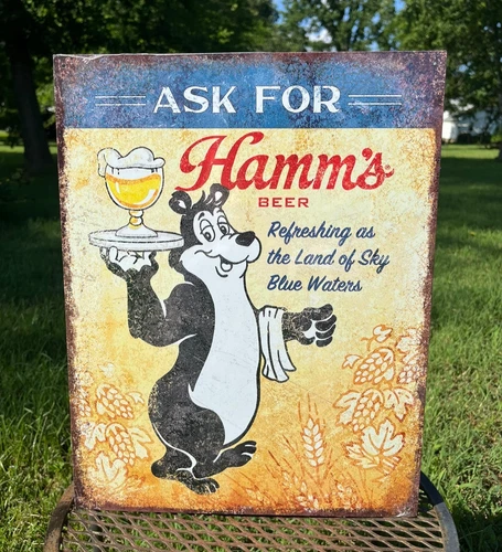 Hamms Sky Blue Waters Beer Bear Sign Tin Vintage Bar Original 1865 Metal Rustic