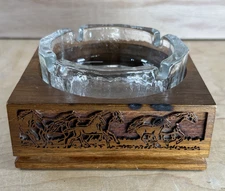 VTG Horse Ashtray Laser Engraved American Walnut Base with Glass Ashtray 3.5"