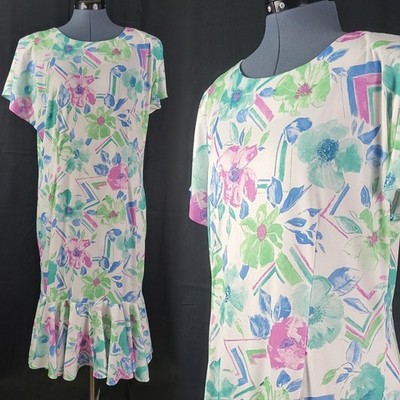 Vtg Maree White Sheath Dress with Blue/Grn/Purp Florals & Ruffled Hem Size 18