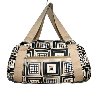 LESPORTSAC Small Geometric Print Duffel Bag Tan Beige Black Tote Zip Pocket