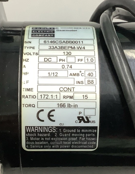 Bodine Electric 33A3BEPM-W4 Gearmotor 1/12HP 172.1:1 Ratio 130VDC (R28) - Image 2 of 4