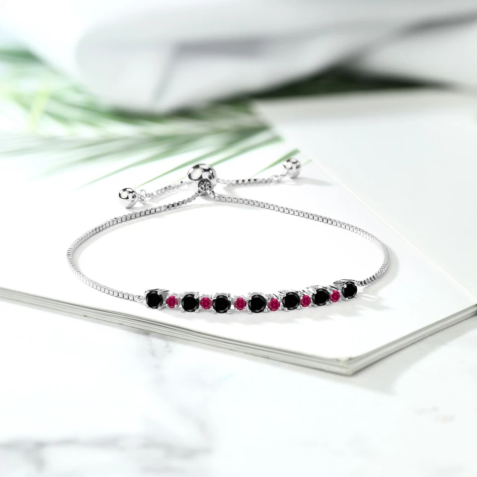 1.00 Ct Round Black Diamond Red Created Ruby 925 Sterling Silver Bracelet - Image 3 of 3