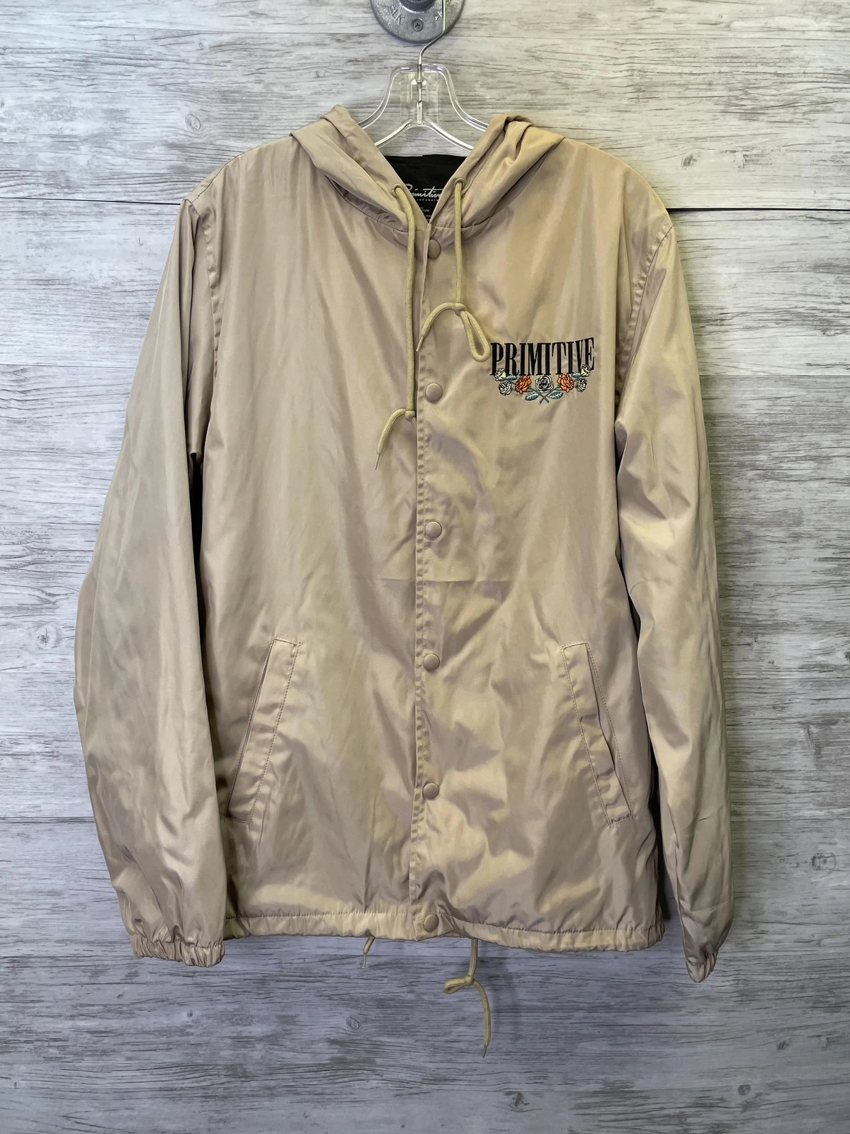 Primitive Skateboarding Jacket Mens S Beige Windbreaker Hooded Snap Pockets