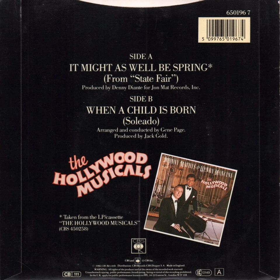 Johnny Mathis and Henry Mancini It Might As Well Be Spring 7" vinyl UK Cbs 1986 - Image 2 of 3