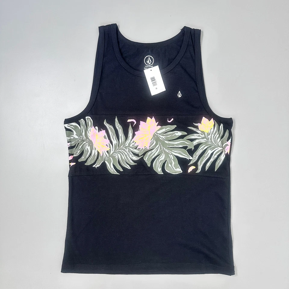 Volcom Tank Top Mens Small Black Floral Cotton Summerside Striped Round Neck - Image 3 of 4