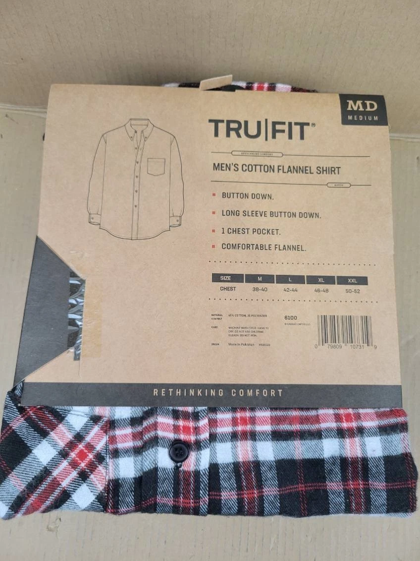 NWT TRU|FIT Men's Cotton Flannel Shirt Red Grey Black Plaid Button Down image 8