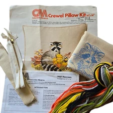 Erica Wilson Columbia-Minerva The Raccoon Crewel Embroidery Pillow Kit 1976 Vtg