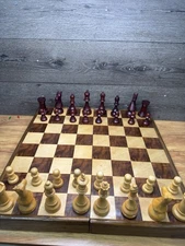 Vintage Folding Wooden Chess Set w/ Storage Box & Full Wood Pieces 22x22”