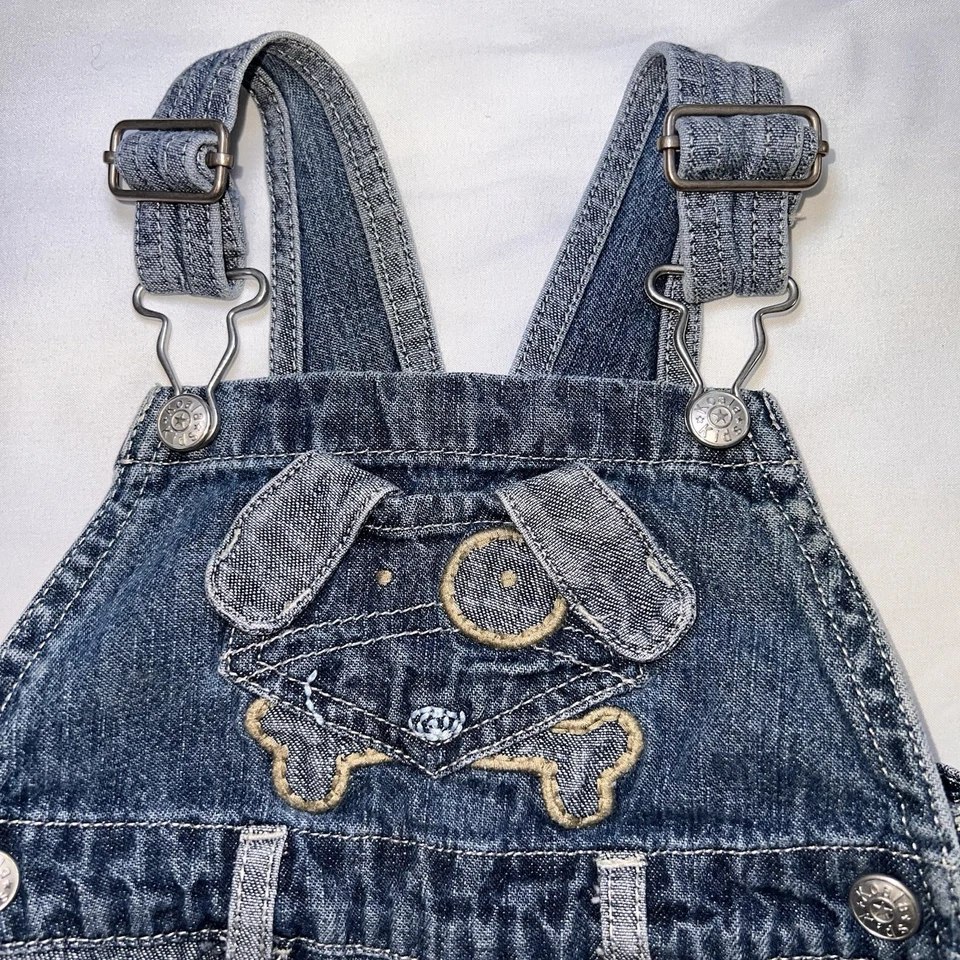 Miniwear Baby Overalls Size 3/6 Months Blue Puppy Denim Shortfalls Vintage 90s - Image 2 of 4