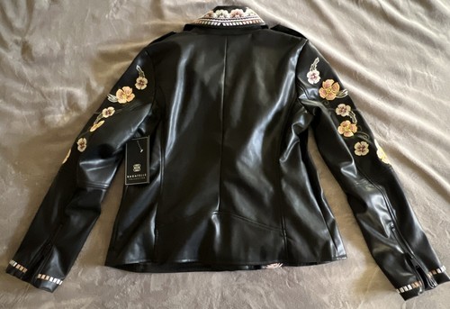 Bagatelle Jacket Black Faux Leather Moto Embroidered, Belle Vere Like Medium NEW - Picture 10 of 14