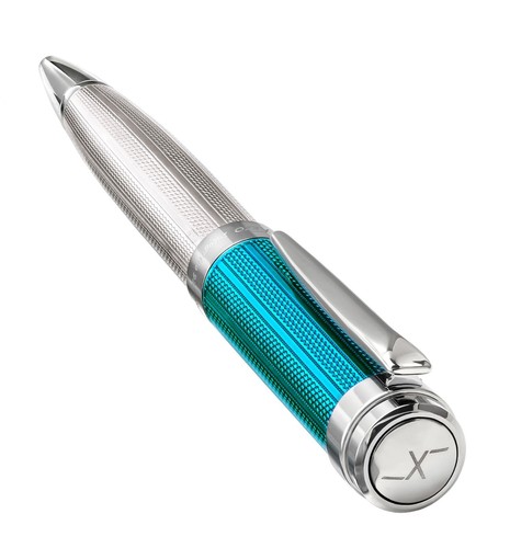 Xezo Incognito 925 Sterling Silver Platinum & Azure Blue Ballpoint Pen, Med Tip - Picture 4 of 7