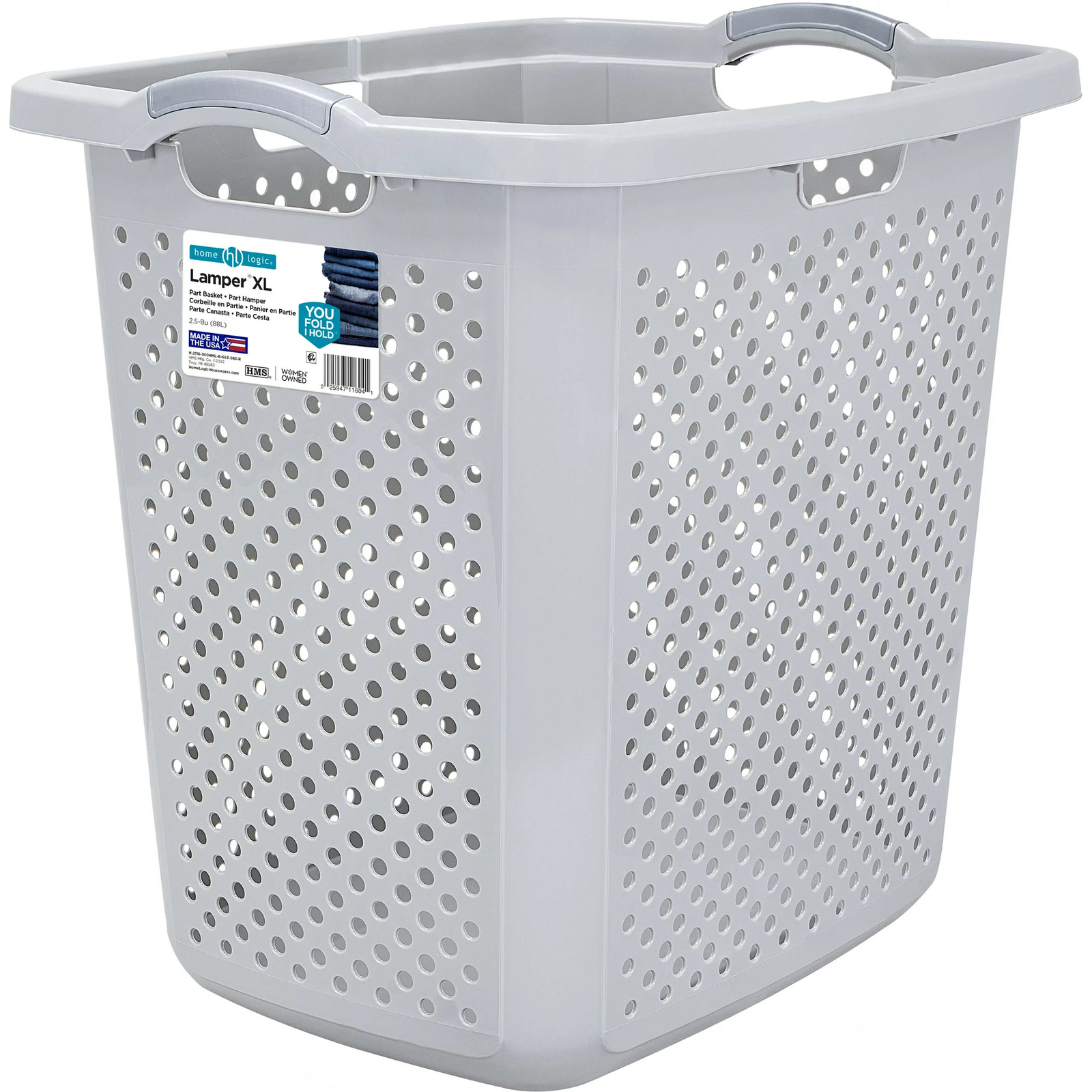 XL Lamper Plastic Laundry Basket 2.5 Bushel, Soft Silver