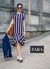 NWT  ZARA TRAFALUC Women S Striped Slip On Lightweight Knit Dress with Frill