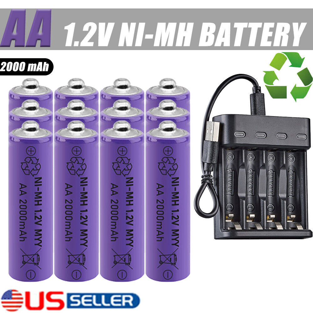 12PCS AA Rechargeable Batteries 1.2V 2000mAh AA Battery Wi/ 4-Slot Smart Charger