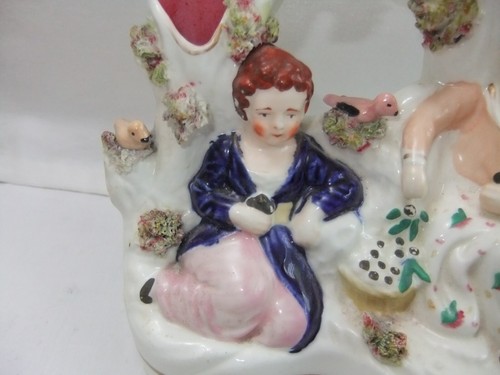 Antique Victorian Staffordshire Flatback Figure Ladies in Garden Spill Vase 18cm - Picture 2 of 6