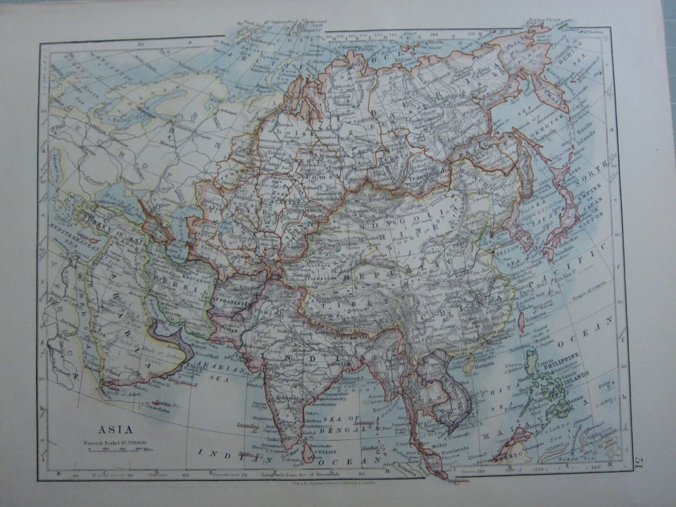 1913 Landkarte Asien Indien Arabien Tibet Japan Siam Philippine Inseln Chinese - Bild 1 von 1