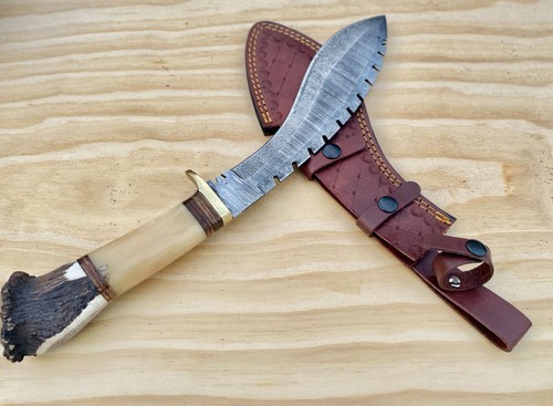 Custom Handmade Damascus Steel 17"IN. Stag Horn Handle Hunting Bowie Kukri Knife - Picture 3 of 5