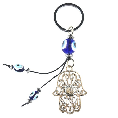 Turkish Blue Evil Eye Carved Hamsa Hand Key Chains Ring Holder Keychain Amulet - Picture 4 of 16