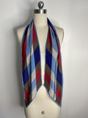 Vintage 80s Signed Vera Neumann Ladies 100% Silk Scarf Stole Blue Red Grey Sheer