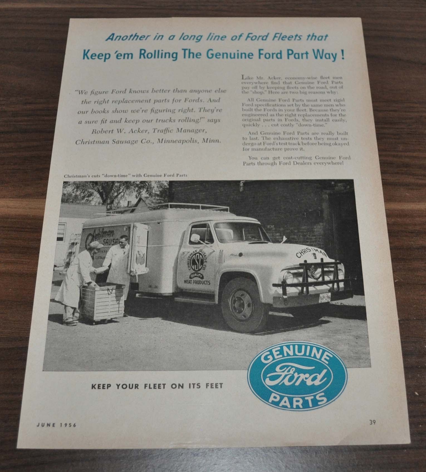 1956 Ford Truck Ad Genuine Parts Christman Sausage American Seating