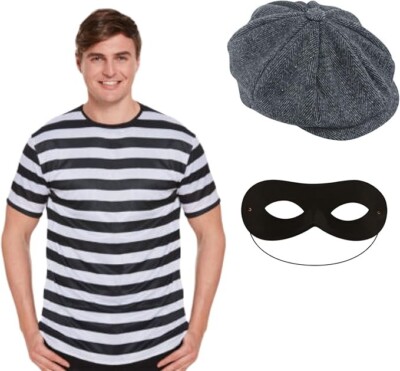 Adult Burglar Costume Robber Striped Black/White Top World Book Fancy Dress  UK