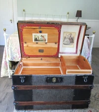 Antique Steamer trunk vintage wooden dome top brides chest full interior C-1890