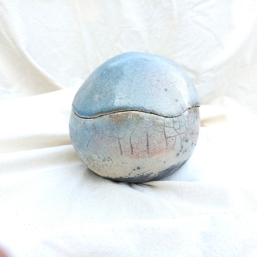 Keramik Kugel Dose mit Deckel blau Töpferkunst Bonbonniere Schale Raku Ton Gefäß - Bild 2 von 6